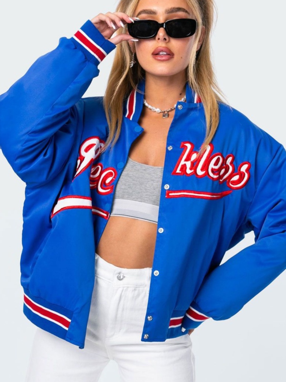 Edikted Reckless Blue Varsity Baseball Oversized Y2K Retro Bomber Jacket Size S